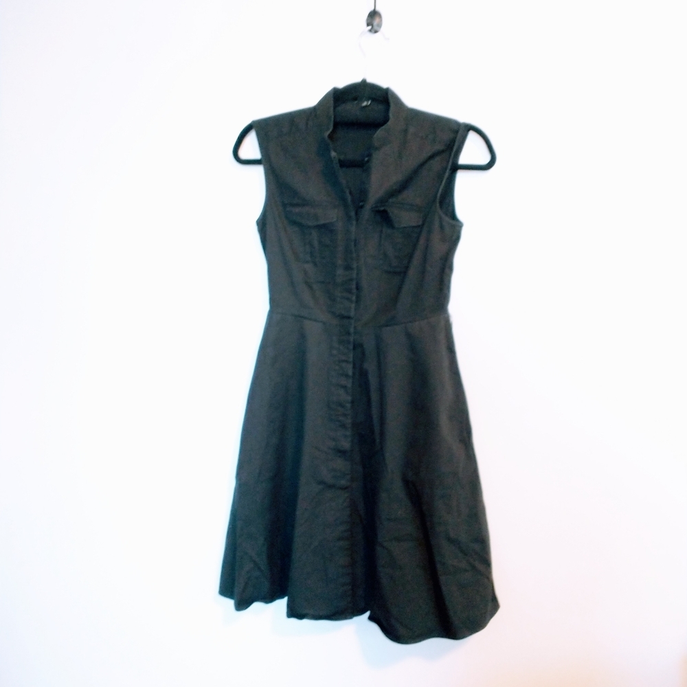 Ann Taylor black cotton blend dress with collar and button up front.  Breast poc